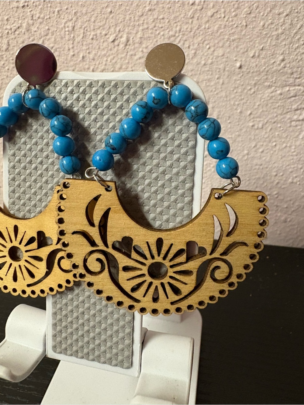 Boho Wooden Floral Cutout Hoop Earrings with Turquoise Beads - Picture 2 of 4